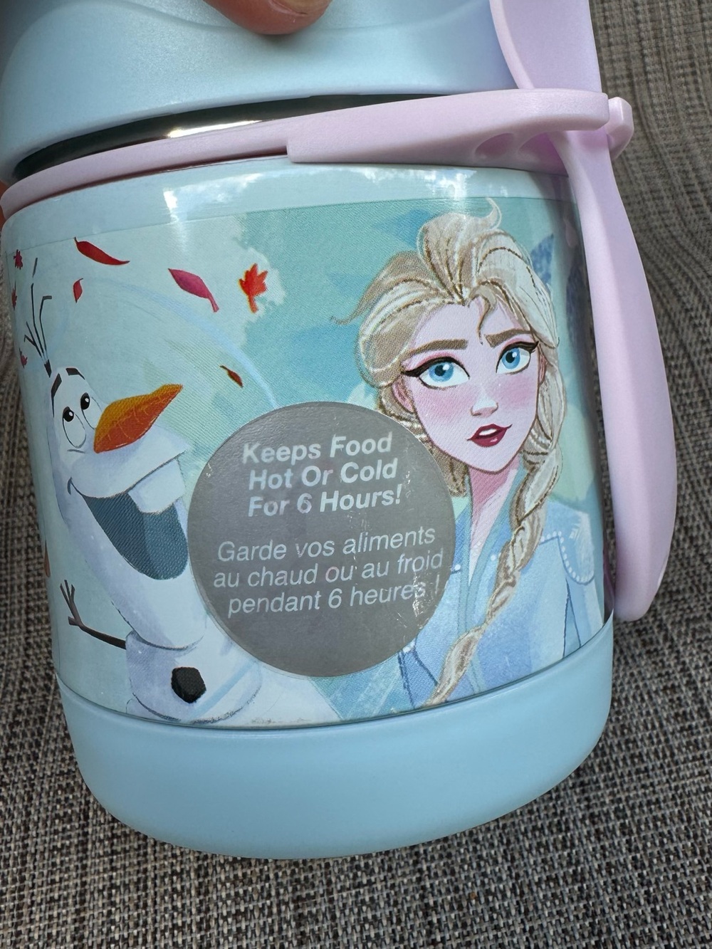 Disney Elsa & Olaf Light Blue Lunch Thermos with Pink Handle